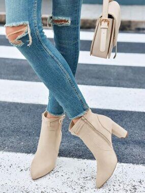 Coutgo Womens Pointed Toe Ankle Boots Chunky Block Heel Tie Knot Side Zipper